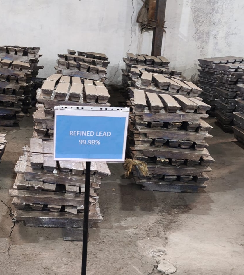 Refined pure lead 99.98% ingots stacked in the plant ready for dispatch